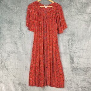 Go Softly Patio Dress Large Red House Lounge Gauze MuuMuu Pockets Midi Button Up
